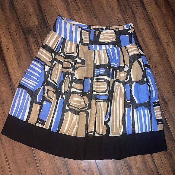 Nic + Zoe Sz 4 Retro Mod Blue Brown Black Pleated Silk Linen Cotton Blend Skirt - Picture 1 of 3
